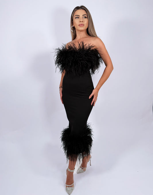 Rochie neagră elegantă midi cu pene