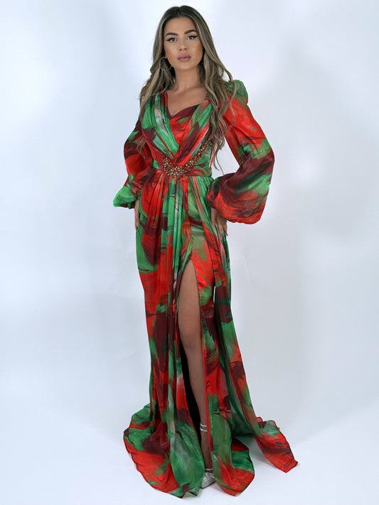 Rochie lungă vaporoasă cu imprimeu artistic și despicătură pe picior