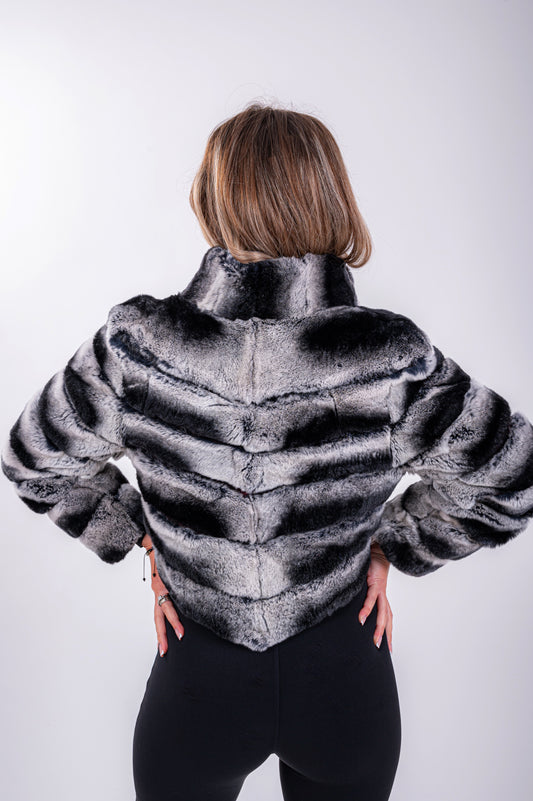 Haină scurtă din blană naturală Rex Chinchilla – gri & negru