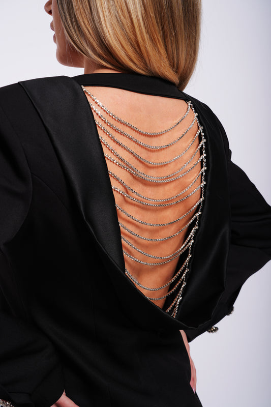 Rochie Sacou Selena – Spate Decupat cu Lanțuri din Cristale