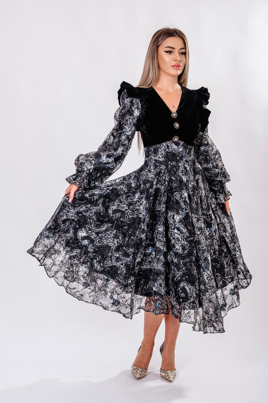 Rochie midi cu top din catifea și fustă amplă din voal