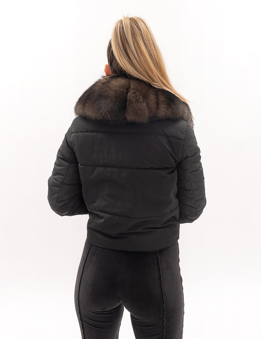 Geacă de fâș cu guler din blana naturală de vulpe