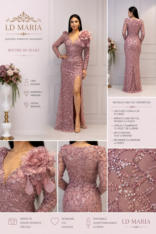 Rochie de seară lungă roz pudrat cu paiete și aplicație florală 3D