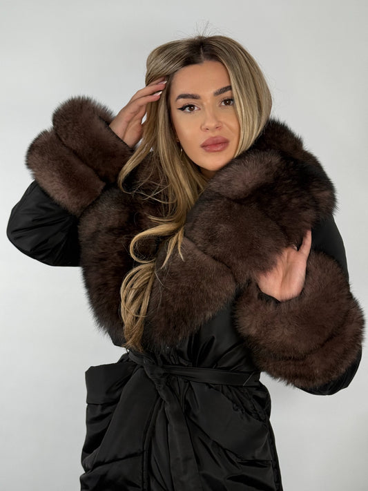 Geacă de damă cu blană naturală de vulpe – guler și manșete detașabile