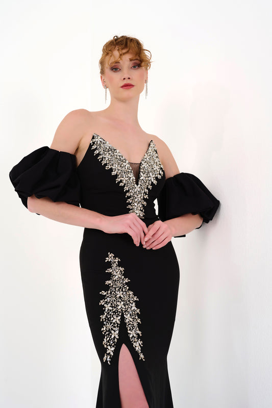 Rochie lungă de seară cu broderie florală