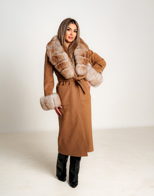Palton Elegant din Cașmir Căptușit cu Guler și Manșete Detașabile din Blană Naturală de Vulpe