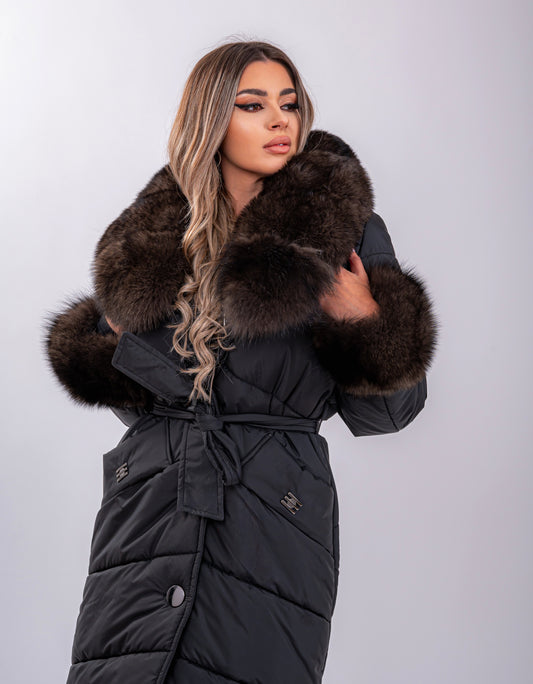 Geacă Lungă de Fâș cu Blană Naturală de Vulpe