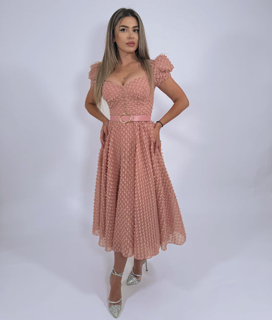Rochie Midi Rose cu Textură și Curea