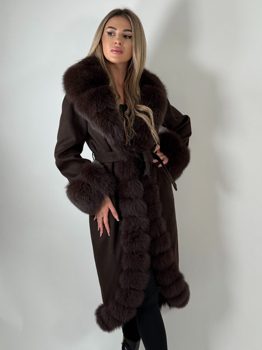 Palton din Cashmere cu Blană Naturală de Vulpe – Ciocolatiu
