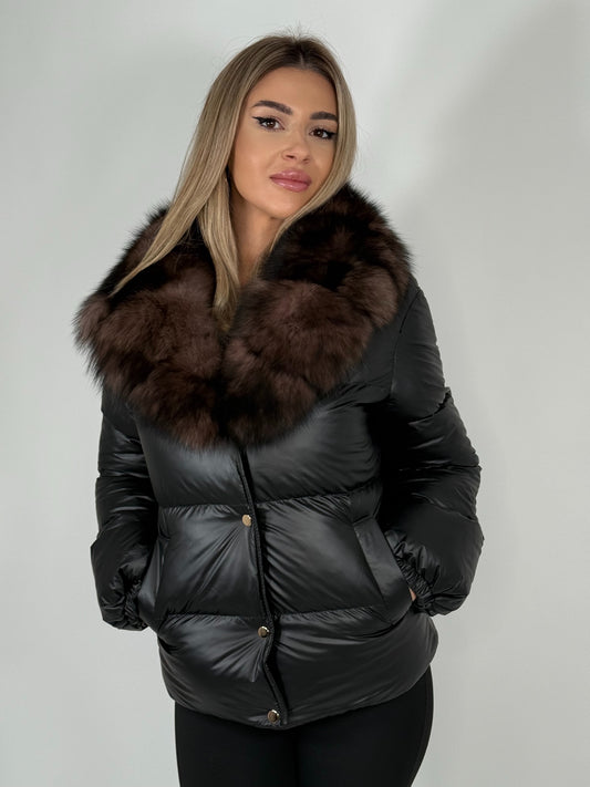 Geacă de fâș cu guler detașabil din blană naturală de vulpe Gold