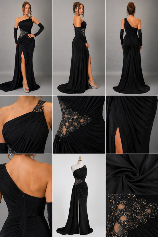 Rochie de seară neagră cu aplicații din cristale și drapaj elegant