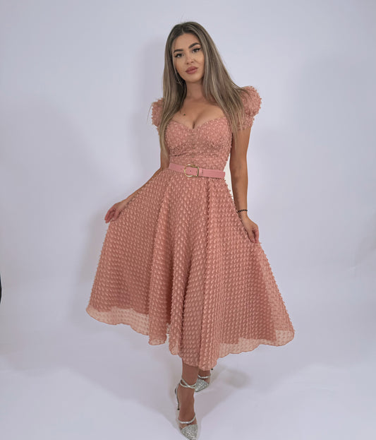 Rochie Midi Rose cu Textură și Curea