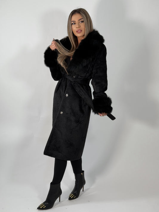 Palton lung din alcantara cu guler și manșete din blană naturală de vulpe neagră