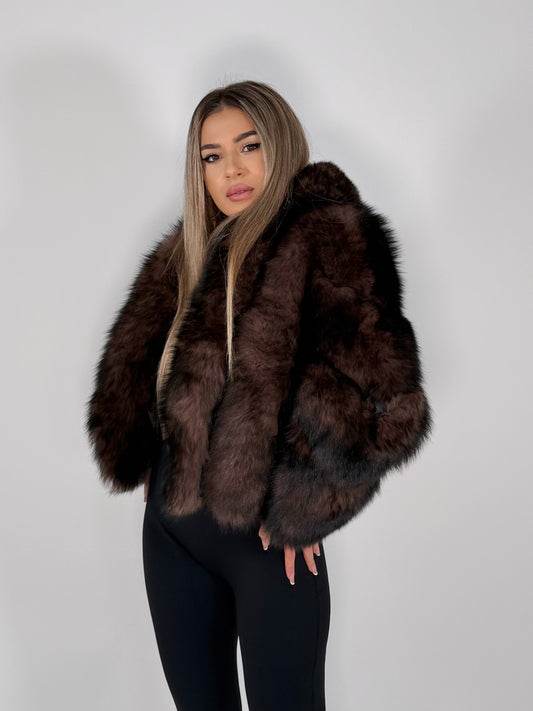 Jachetă din blană naturală de vulpe Dark Brown – model nou cu guler supradimensionat