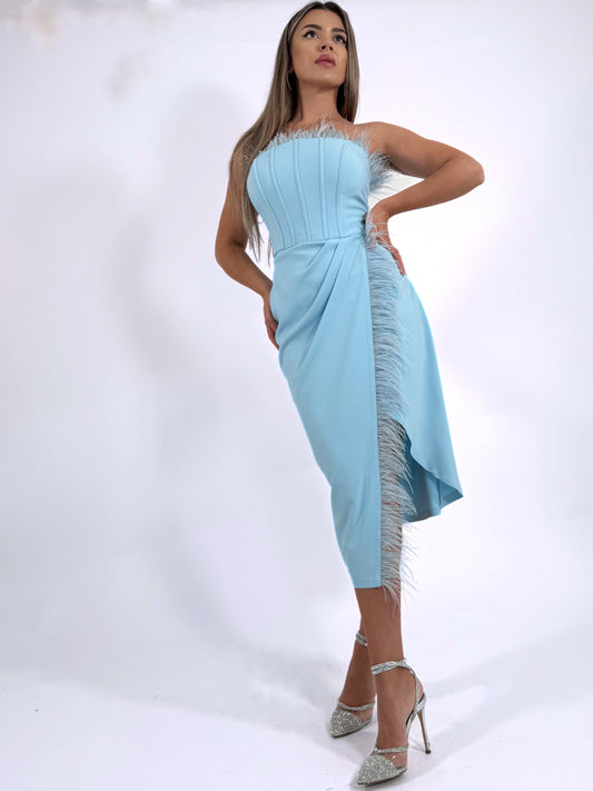 Rochie Bleu Corset cu Pene și Croială Asimetrică