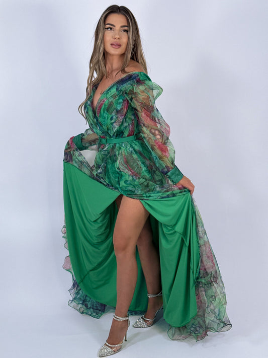 Rochie lungă din voal cu imprimeu floral și despicătură pe picior