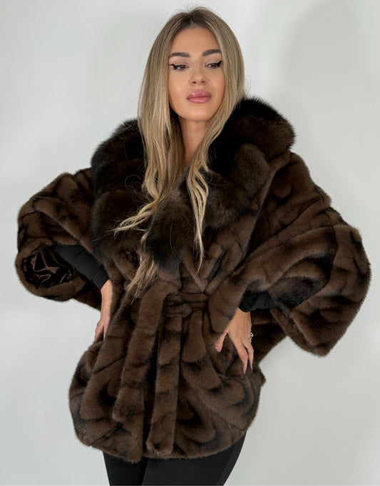 Haină Cashmere cu Blană Naturală de Vulpe – Ciocolatiu
