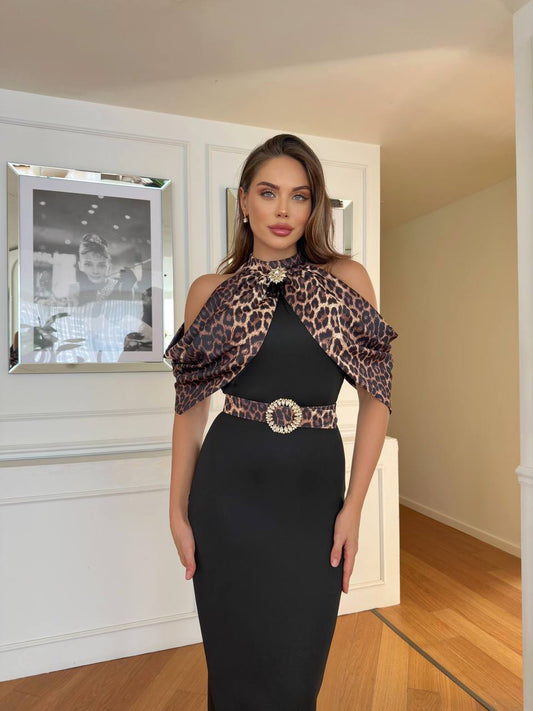 Rochie midi neagră cu imprimeu leopard