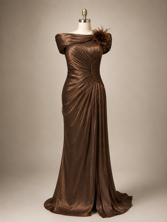 Rochie lungă de seară bronze couture – eleganță sofisticată și design spectaculos