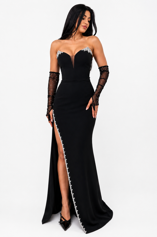 Rochie Elegantă Neagră cu Aplicatii Strălucitoare și Mănuși din Tulle