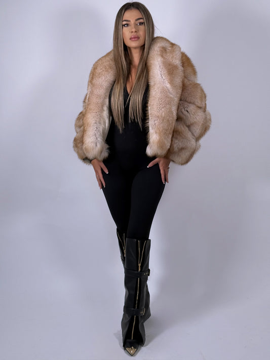 Jachetă din blană naturală de vulpe Gold – cu guler supradimensionat
