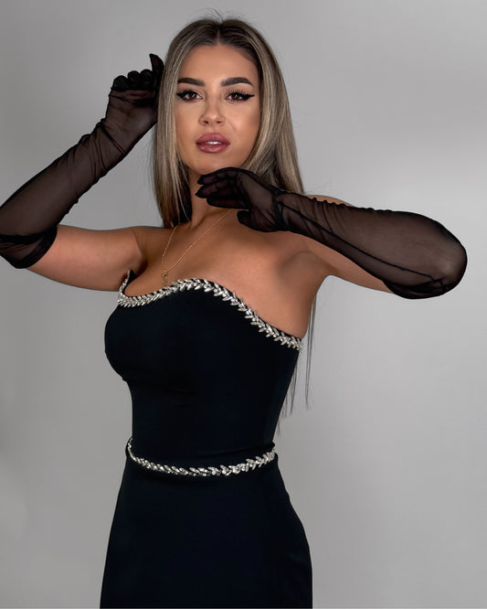 Rochie lungă neagră elegantă cu detalii argintii