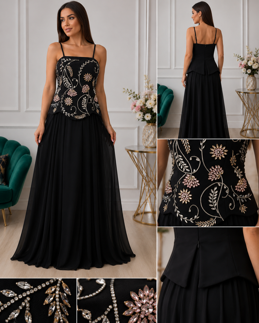 Rochie de seară neagră cu corset brodat floral și aplicații din cristale