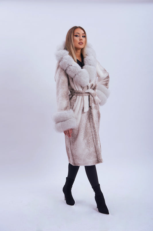 Haină din alcantara cu mansete si guler din Blana naturala de vulpe Frost