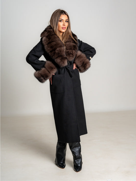 Palton Elegant din Cașmir Căptușit cu Guler și Manșete Detașabile din Blană Naturală de Vulpe