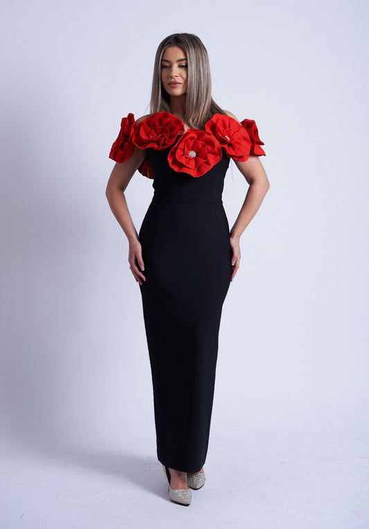 Rochie eleganta neagra cu trandafiri rosii 3D