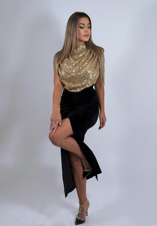 Rochie lungă neagră cu top auriu din paiete