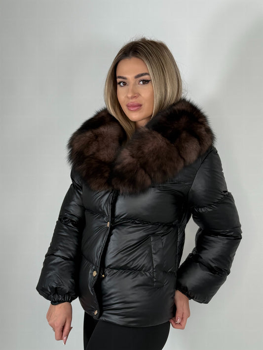 Geacă de fâș cu guler detașabil din blană naturală de vulpe Gold