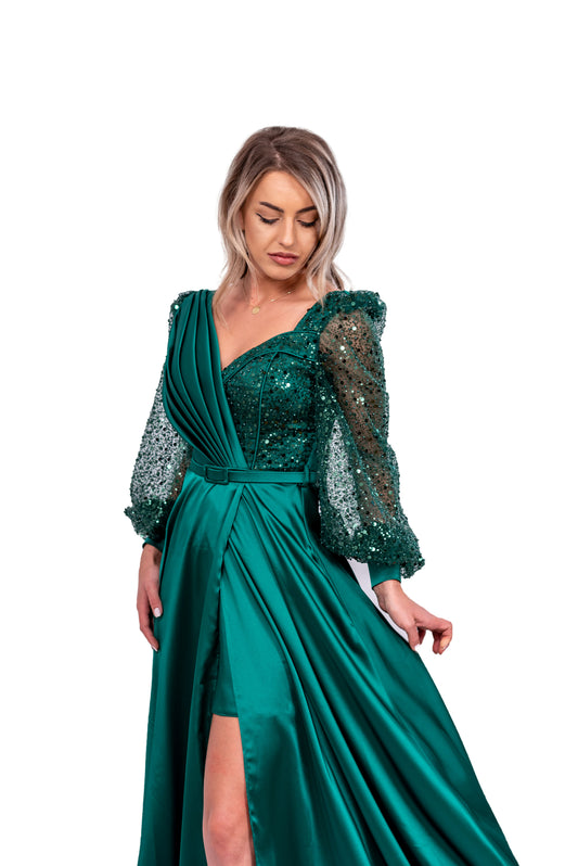 Rochie Verde Din Satin Cu Paiete