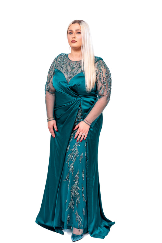 Rochie Maxi Verde cu Dantelă și Pliseuri