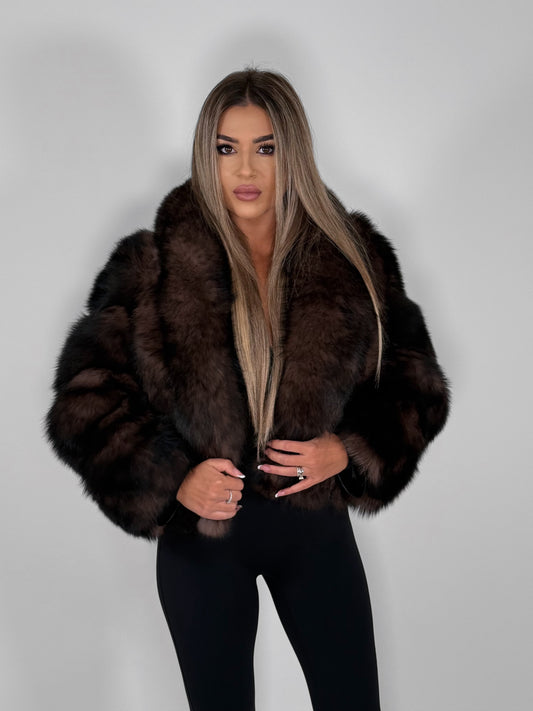Jachetă din blană naturală de vulpe Dark Brown – model nou cu guler supradimensionat