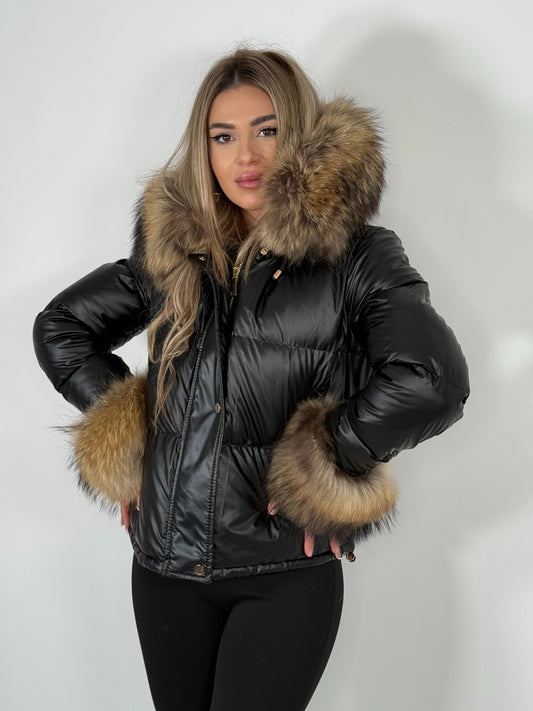 Geacă de fâș cu glugă și manșete din blană naturală de vulpe Gold