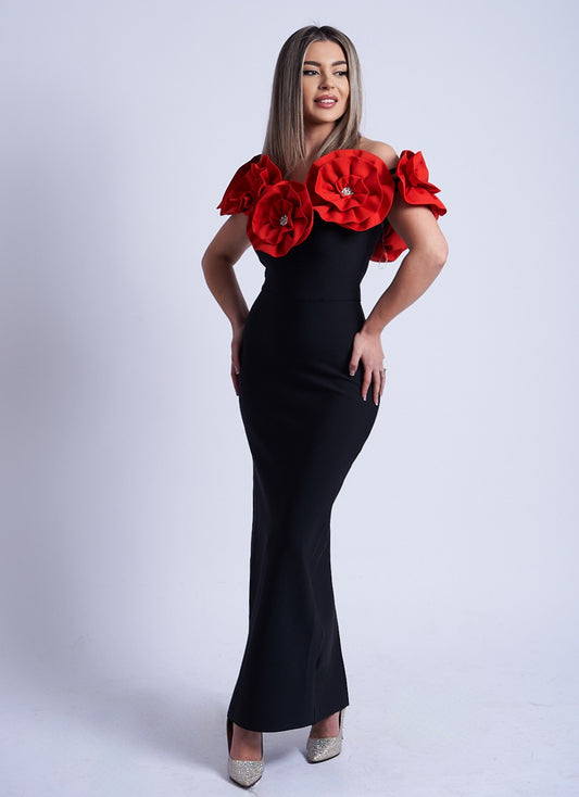 Rochie eleganta neagra cu trandafiri rosii 3D