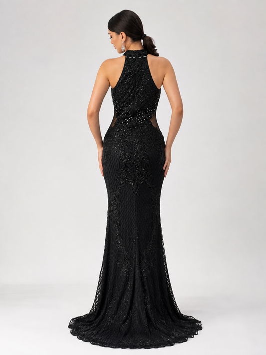 Rochie lungă neagră elegantă cu aplicații strălucitoare