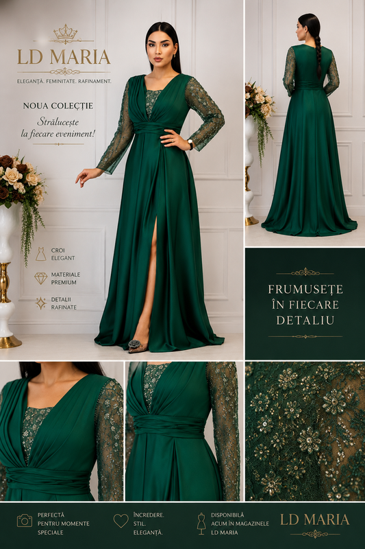 Rochie lungă verde smarald cu mâneci din dantelă brodată și paiete –