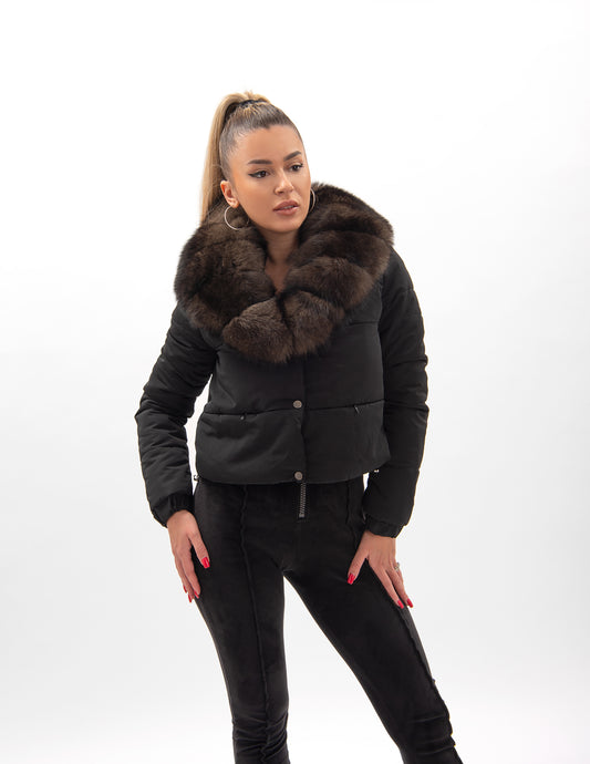 Geacă de fâș cu guler din blana naturală de vulpe