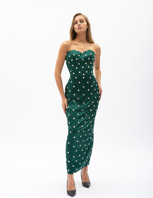Rochie Lungă Din Satin Cu Cristale Aplicate Verde Inchis
