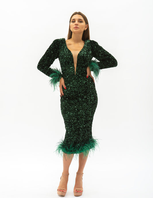 Rochie Midi Verde Din Paiete