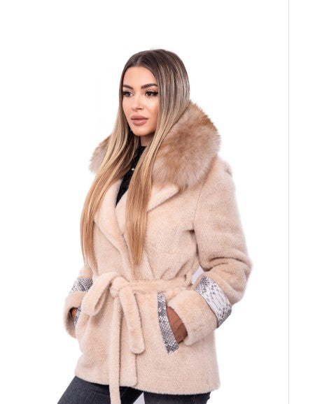 Palton Alcantara cu blana naturala de vulpe si insertii de piton