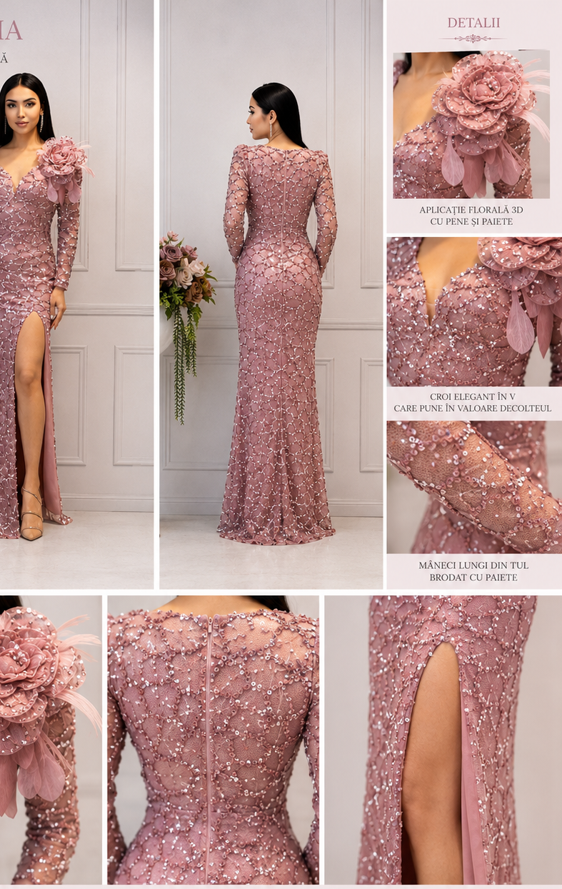 Rochie de seară lungă roz pudrat cu paiete și aplicație florală 3D