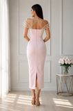 Rochie midi roz pudrat cu aplicații spectaculoase din perle