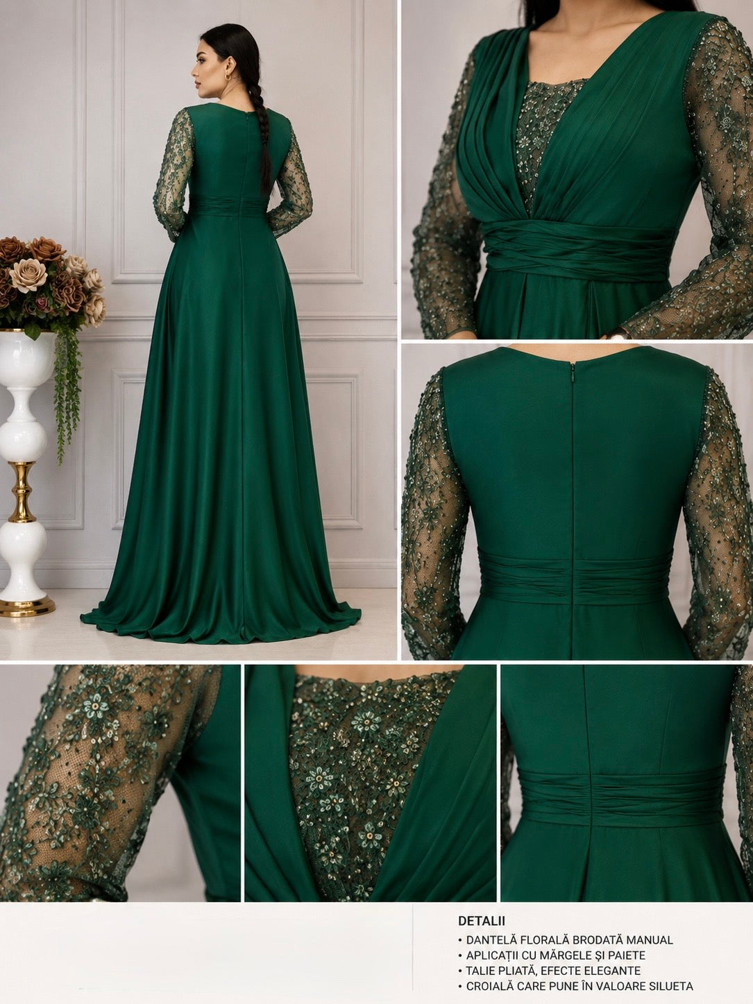 Rochie lungă verde smarald cu mâneci din dantelă brodată și paiete –