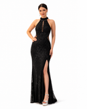 Rochie lungă neagră elegantă cu aplicații strălucitoare
