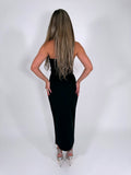 Rochie midi neagră cu perle aplicate și bust petrecut