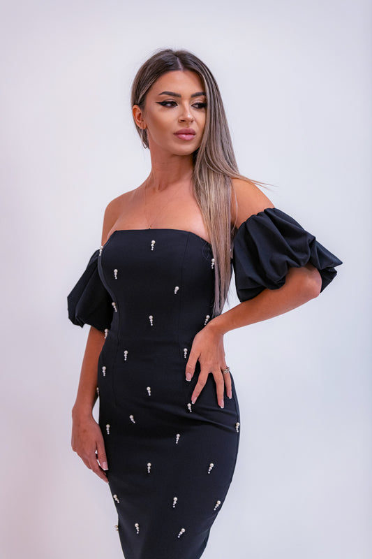 Rochie Midi Black Pearl cu Mâneci Bufante