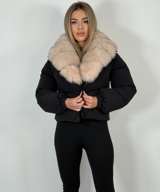 Geacă de fâș cu guler detașabil din blană naturală de vulpe Gold –